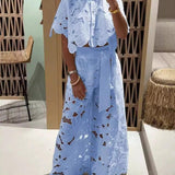 Koronkowy komplet z haftem i szerokimi spodniami z wysokim stanem