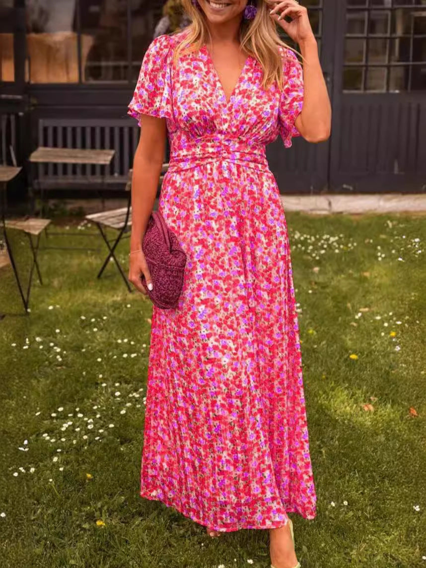 Teresa | Sukienka maxi w kwiaty z marszczeniem