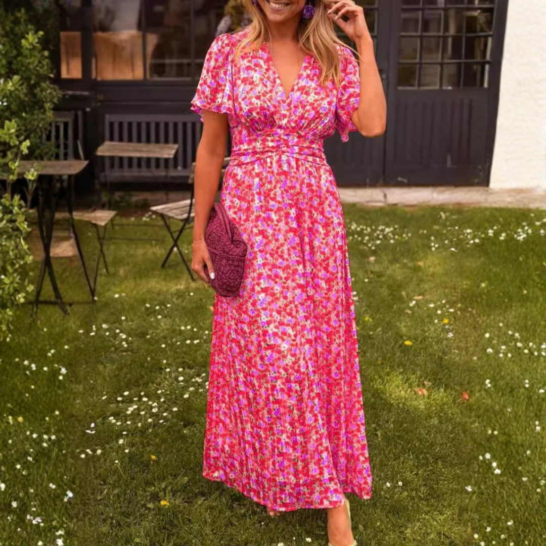 Teresa | Sukienka maxi w kwiaty z marszczeniem
