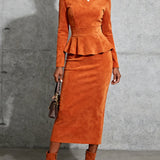 Komplet Pomarańczowy Elegance z Baskinką i Spódnicą Midi