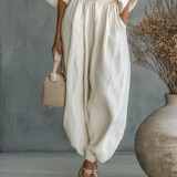 Komplet lniany: top z odkrytymi ramionami i zwężane spodnie