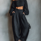 Lniany komplet off-shoulder z szerokimi spodniami