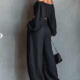 Lniany komplet off-shoulder z szerokimi spodniami