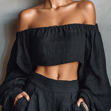 Lniany komplet off-shoulder z szerokimi spodniami