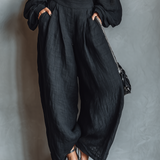 Lniany komplet off-shoulder z szerokimi spodniami