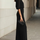 Czarny trzyczęściowy zestaw z szyfonową bluzką i szerokimi spodniami