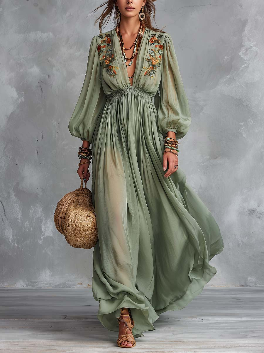 Boho Maxi Sukienka z Kwiatowym Haftem
