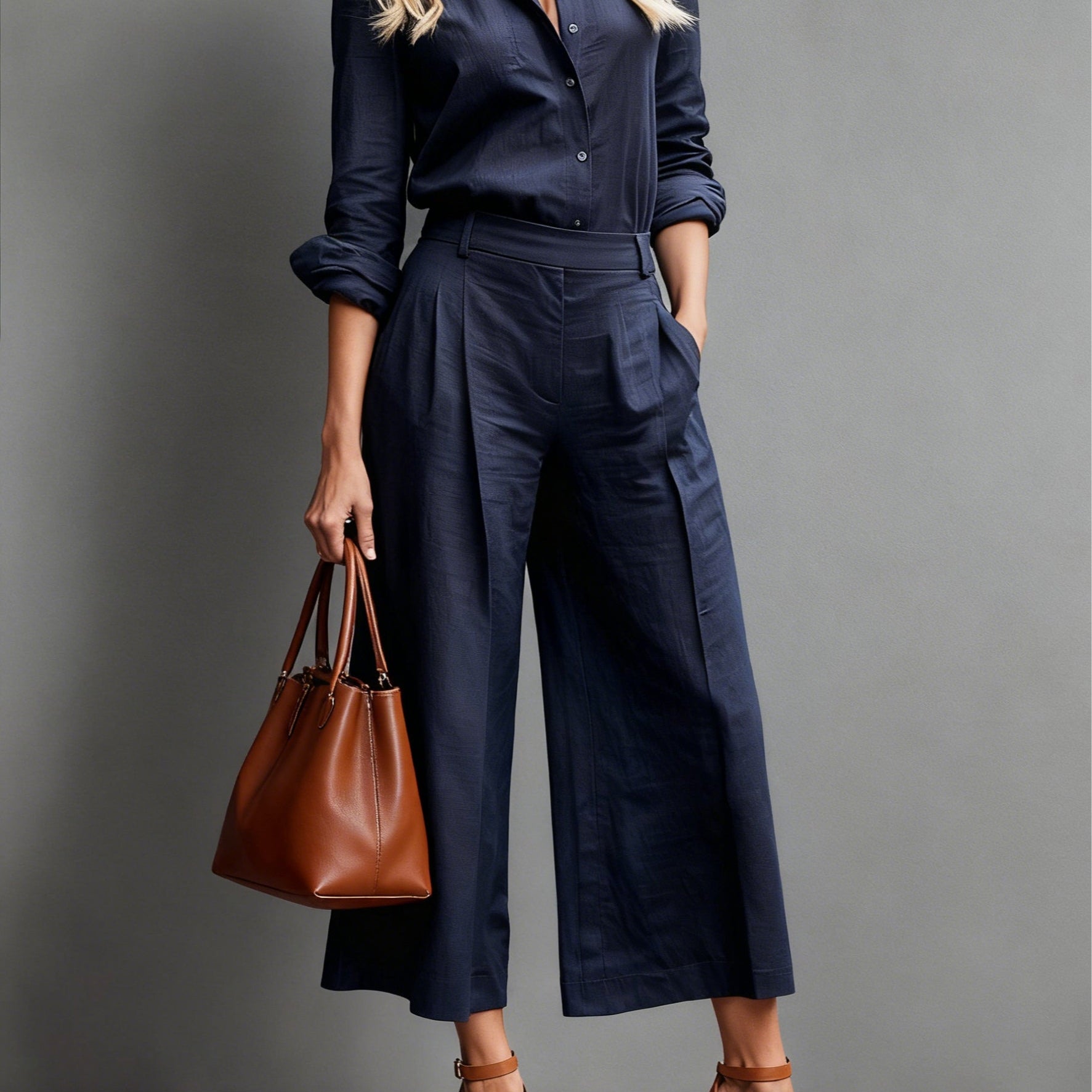 Komplet wysmuklający z koszulą i spodniami z wysokim stanem