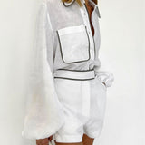 Elegancki komplet z koszulą i szortami z kontrastową lamówką