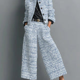 Tweedowy zestaw z krótką marynarką i szerokimi spodniami z wysokim stanem