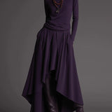 Fioletowy komplet dzianinowy z golfem i asymetryczną spódnicą maxi