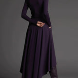 Fioletowy komplet dzianinowy z golfem i asymetryczną spódnicą maxi