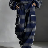 Granatowo-szary komplet streetwear w kratę z lamówką