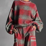 Czerwono-szary komplet streetwear w kratę z kontrastową lamówką