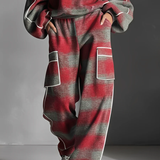 Czerwono-szary komplet streetwear w kratę z kontrastową lamówką