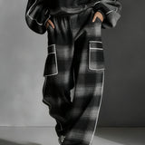 Czarno-szary komplet w kratę z kontrastową lamówką