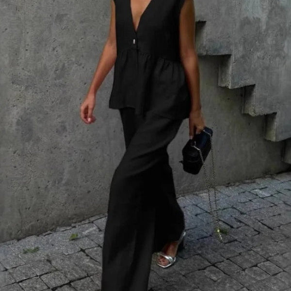 Pudrowy lniano-bawełniany komplet z kamizelką V-neck i luźnymi spodniami