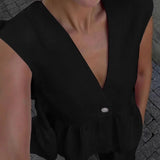 Pudrowy lniano-bawełniany komplet z kamizelką V-neck i luźnymi spodniami