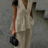 Pudrowy lniano-bawełniany komplet z kamizelką V-neck i luźnymi spodniami