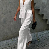 Pudrowy lniano-bawełniany komplet z kamizelką V-neck i luźnymi spodniami