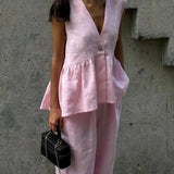 Pudrowy lniano-bawełniany komplet z kamizelką V-neck i luźnymi spodniami