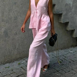 Pudrowy lniano-bawełniany komplet z kamizelką V-neck i luźnymi spodniami