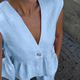 Pudrowy lniano-bawełniany komplet z kamizelką V-neck i luźnymi spodniami