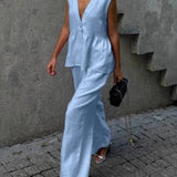 Pudrowy lniano-bawełniany komplet z kamizelką V-neck i luźnymi spodniami