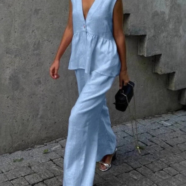 Pudrowy lniano-bawełniany komplet z kamizelką V-neck i luźnymi spodniami