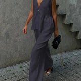 Pudrowy lniano-bawełniany komplet z kamizelką V-neck i luźnymi spodniami