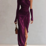 Elegancka fioletowa sukienka maxi sexy na jedno ramię