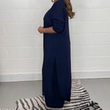 Komplet z długą tuniką V-neck i szerokimi spodniami