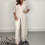 Komplet z długą tuniką V-neck i szerokimi spodniami