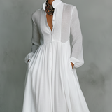 Maxi Minimalistyczna z Bawełny i Lnu z Patchworkiem, Wysoki Kołnierz i Długie Rękawy