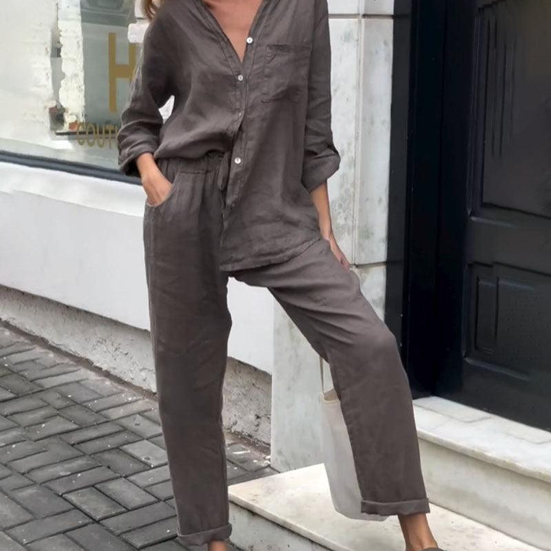 Casualowy komplet z koszulą i luźnymi spodniami