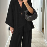 Komplet Soft Linen z Narzutką i Szerokimi Spodniami