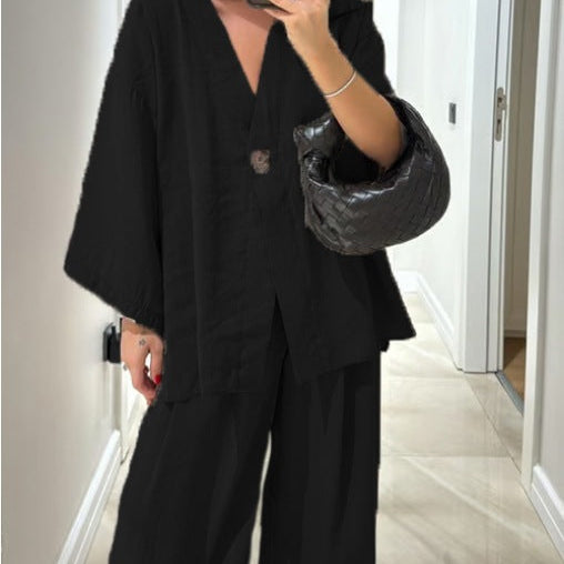 Komplet Soft Linen z Narzutką i Szerokimi Spodniami