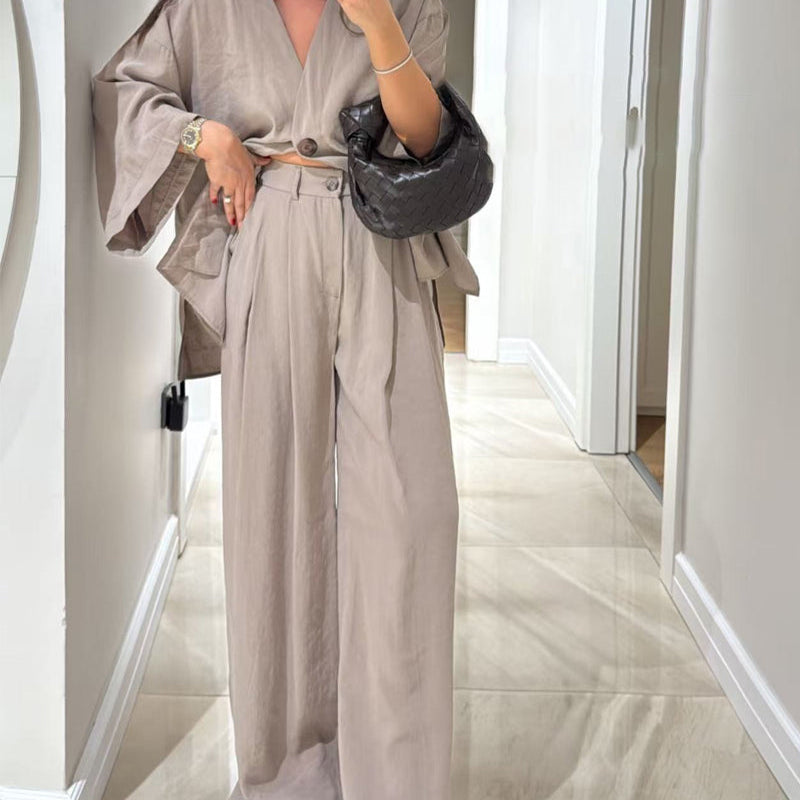 Komplet Soft Linen z Narzutką i Szerokimi Spodniami