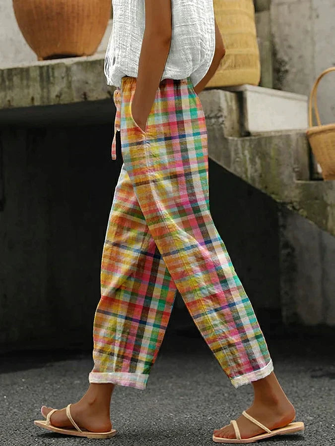Spodnie w kratkę z elastycznym pasem
