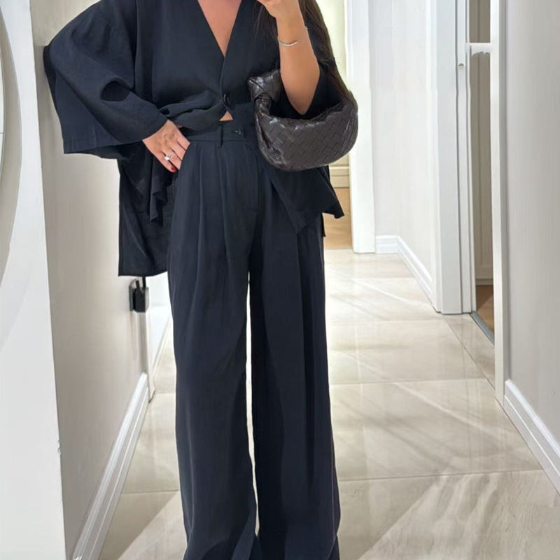 Komplet Soft Linen z Narzutką i Szerokimi Spodniami