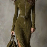 Vintage Zielona Sukienka Maxi z Zamkiem i Paseczkiem