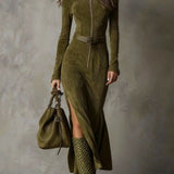 Vintage Zielona Sukienka Maxi z Zamkiem i Paseczkiem