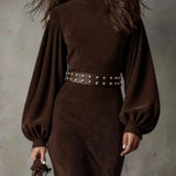 Retro latarnia długa sukienka z długim rękawem i półwysokim kołnierzem