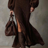 Retro latarnia długa sukienka z długim rękawem i półwysokim kołnierzem