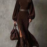 Retro latarnia długa sukienka z długim rękawem i półwysokim kołnierzem