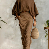 Naturalny lniany komplet w odcieniu czekoladowego brązu