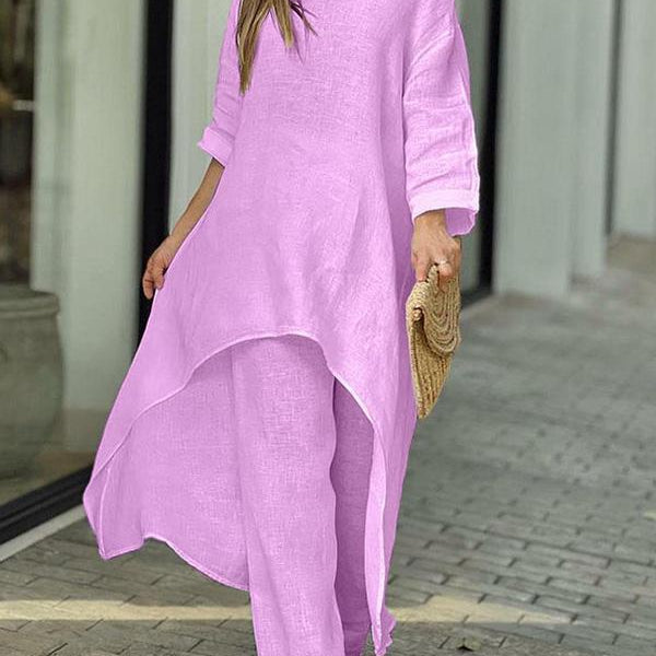 Zwiewny komplet z asymetryczną tuniką i szerokimi spodniami