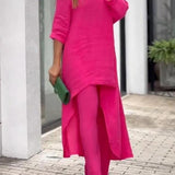 Zwiewny komplet z asymetryczną tuniką i szerokimi spodniami