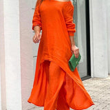 Zwiewny komplet z asymetryczną tuniką i szerokimi spodniami