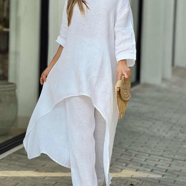 Zwiewny komplet z asymetryczną tuniką i szerokimi spodniami